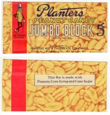 c1940s 5ct Planters Jumbo Block Peanut candy bar wrapper - 2 oz -Planters Nut Co