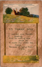 Vintage Postcard Thank You Message Cottage Scenic Field 1912