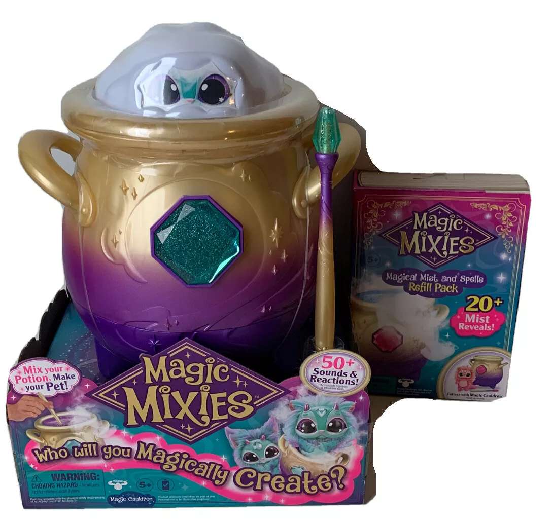 Lot Magic Mixies Magical Misting Cauldron with Interactive Plush Toy Blue  Refill