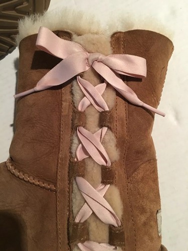 Ugg Pala Boot Girls sz 4 Tan w Pink Ribbon Suede Shearling Lined 8.5” Tall - Picture 7 of 9