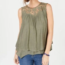 Style & Co. Women's Lace Trim Swing Top Olive Green Size S NWT