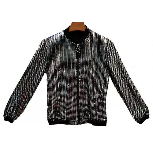 New Men Zipper Coat Sequin Bomber Jacket Men's Shiny Sequins Long Sleeves - Picture 5 of 12