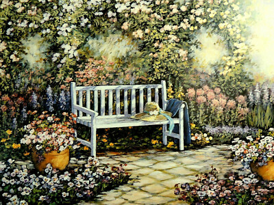 FLOWER GARDEN PATIO PICTURE BENCH STRAW HAT STILL LIFE JOSE PRINT