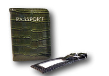 Passport Wallet Travel Luggage I.D. Tag Set 2-Pc Olive Green Croc Faux Leather