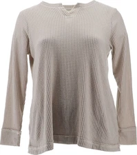 LOGO Lori Goldstein Cloud Waffle Split Neck Top Parisian Grey M NWOT (1130)