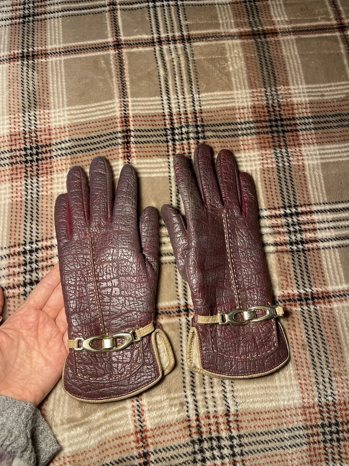 Guantes de cuero vintage Etienne Aigner sangre de buey/borgoña 6,5 XS hebilla de latón logotipo Foto 3 de 4