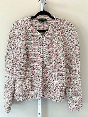 St. John Tweed Knit Blazer Jacket Pink White Multi Collarless Size 14
