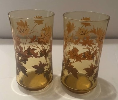 RARE - VINTAGE LOT SET OF 2 LIBBY TUMBLER GLASSES AMBER ORANGE AUTUMN LEAVES