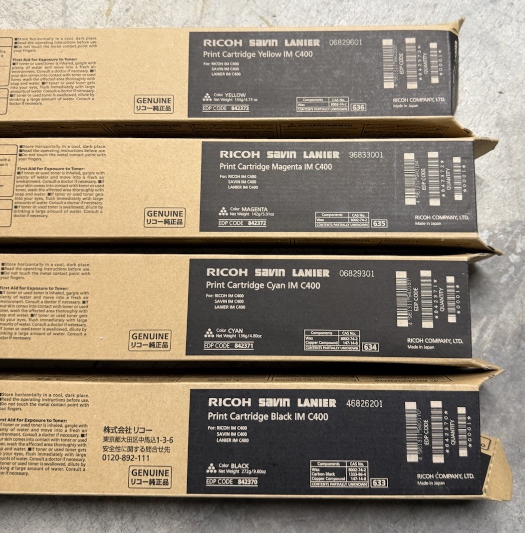 New  Genuine Ricoh Savin Lanier MP C406, Complete Set of 4 Toner Cartridges