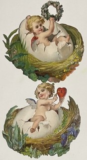 Oblaten Glanzbild scrap Ostern 8cm MITTELGROSS Kind Baby Herz Ei Nest Blumen