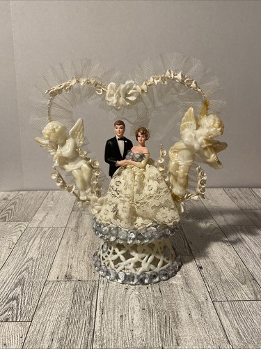 Vintage Bride Groom Wedding Topper Cherubs Arch Lace Flowers Stand 1950s 60s