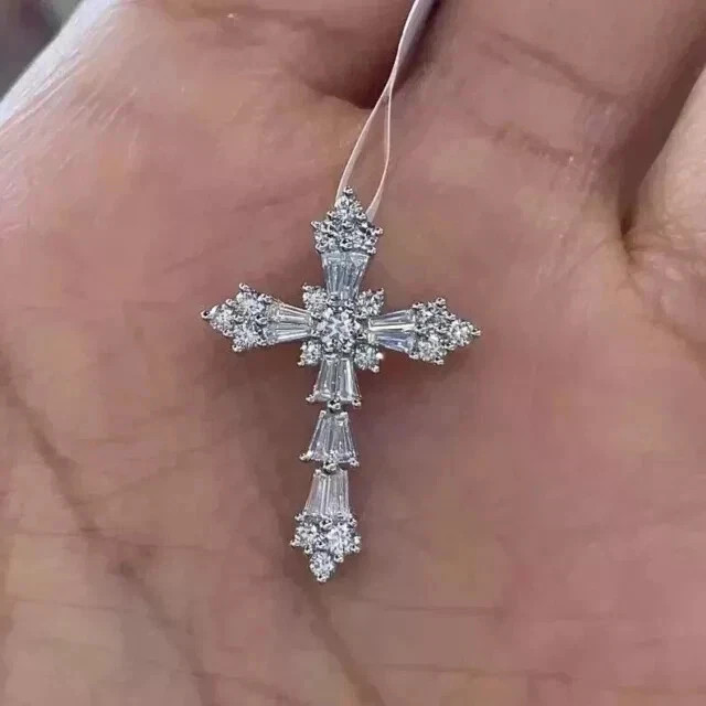 2Ct Round Cut Lab-Created Diamond Cross Pendant 14K White Gold Plated Silver