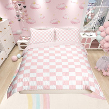 Pink White Grid Duvet Cover Set Twin Size, Reversible Geometric Plaid Square Bed