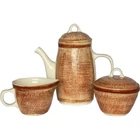 Vintage Stangl Burlap Texture Ware Coffee Pot Sugar Bowl Creamer Mid Century Mod