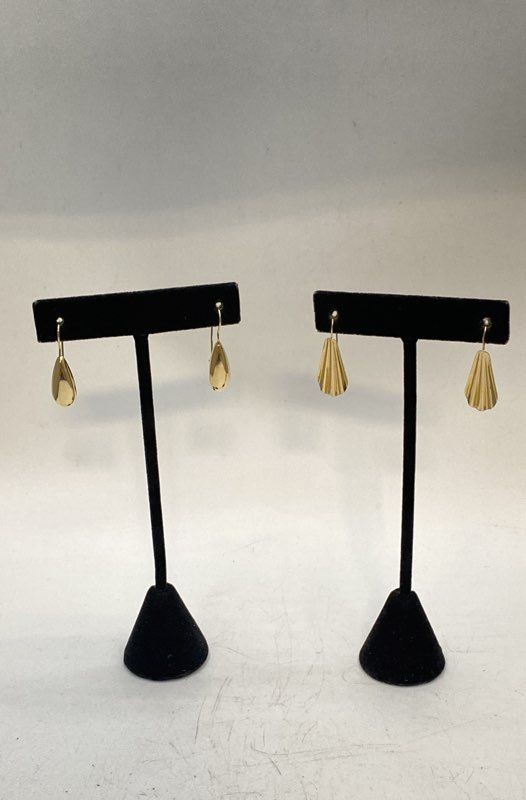14K Yellow Gold Teardrop & Ribbed Fan Dangle Drop Earrings Set 2 Pairs 2.05g