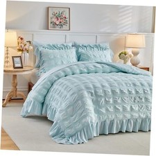 Plaid Seersucker Comforter Set with Ruffled Fringe Size, 3 Pieces Queen Blue