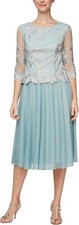 Alex Evenings Dress Mother of The Bride Embroidered Tea Length Iced Sage Size 8