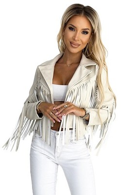 Numoco Bikerjacke Stoffjacke mit Fransen Sommerjacke Damen Jacke, beige, XS-L