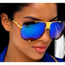Sunglasses Women Oversize Classic Blue Shades Goggle Retro Gold Alloy Frame 2026