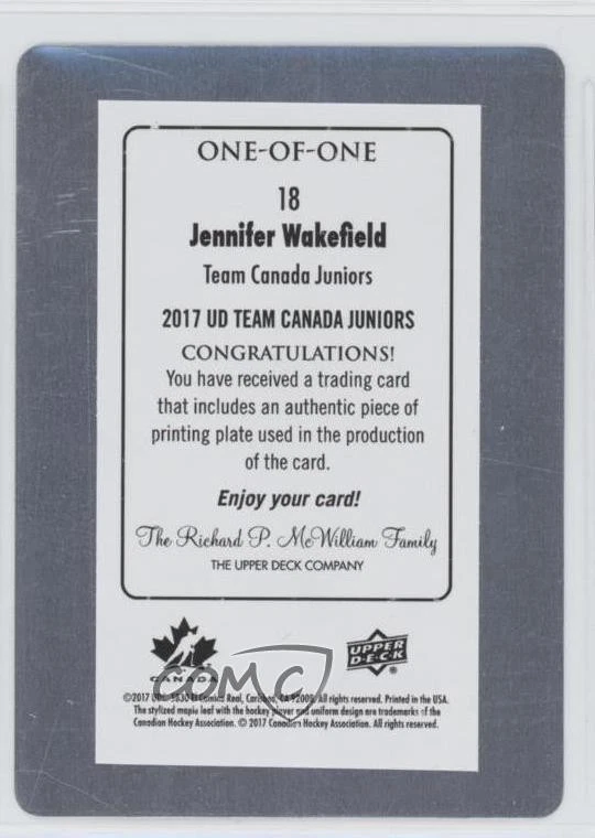 2017 Team Canada Juniors Printing Plate Yellow 1/1 Jennifer Wakefield #18 a2w - Image 2 of 3