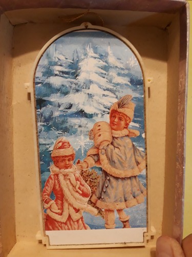 Vintage Christmas Ornament Through Window Winter Scene Victorian Girls Plastic - Picture 3 of 4