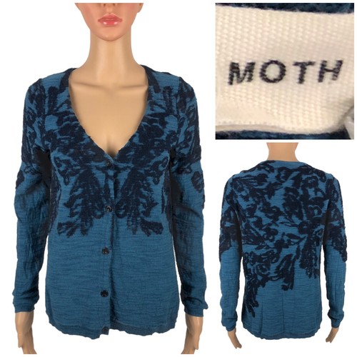 Moth Womens Small Cardigan Sweater Blue Buttons Textured Cotton Blend Floral