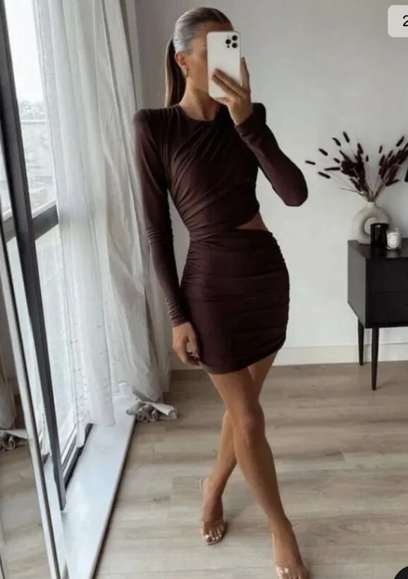 Zara Brown Cut Out Mini Dress Shoulder Pads 8375 408 Bloggers