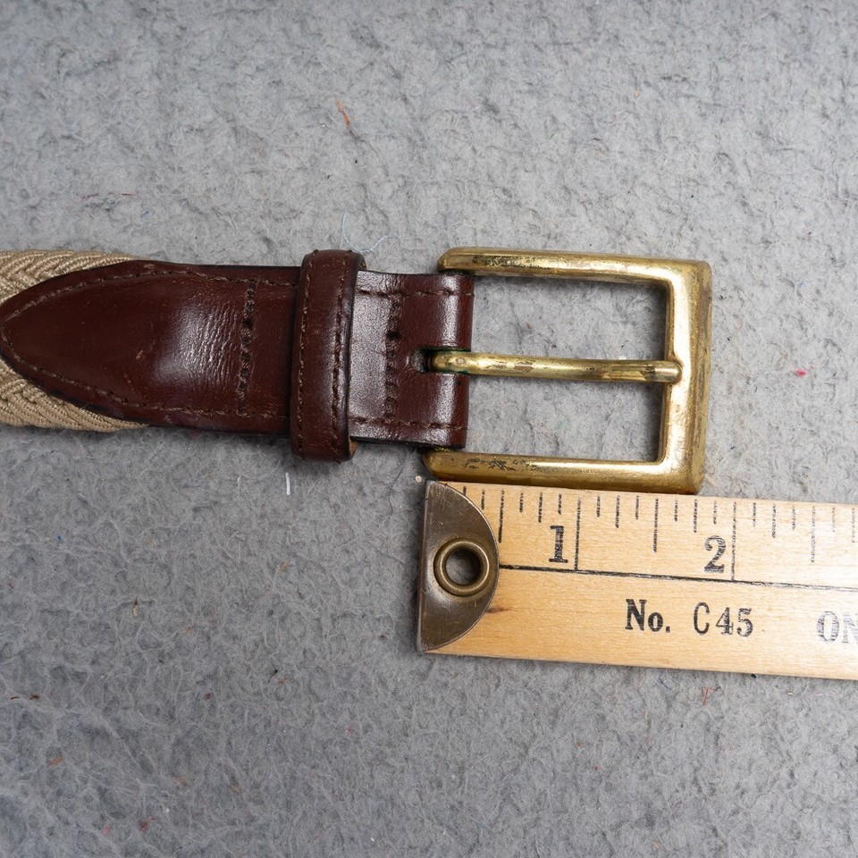 Mens Braided Khaki Tan Beige Leather Stretch Belt Brass Buckle Preppy