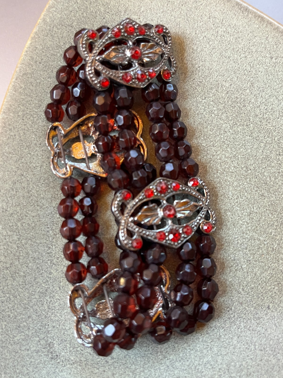 Wide Multistrand Ruby Red Plastic Round Bead w Rh… - image 5