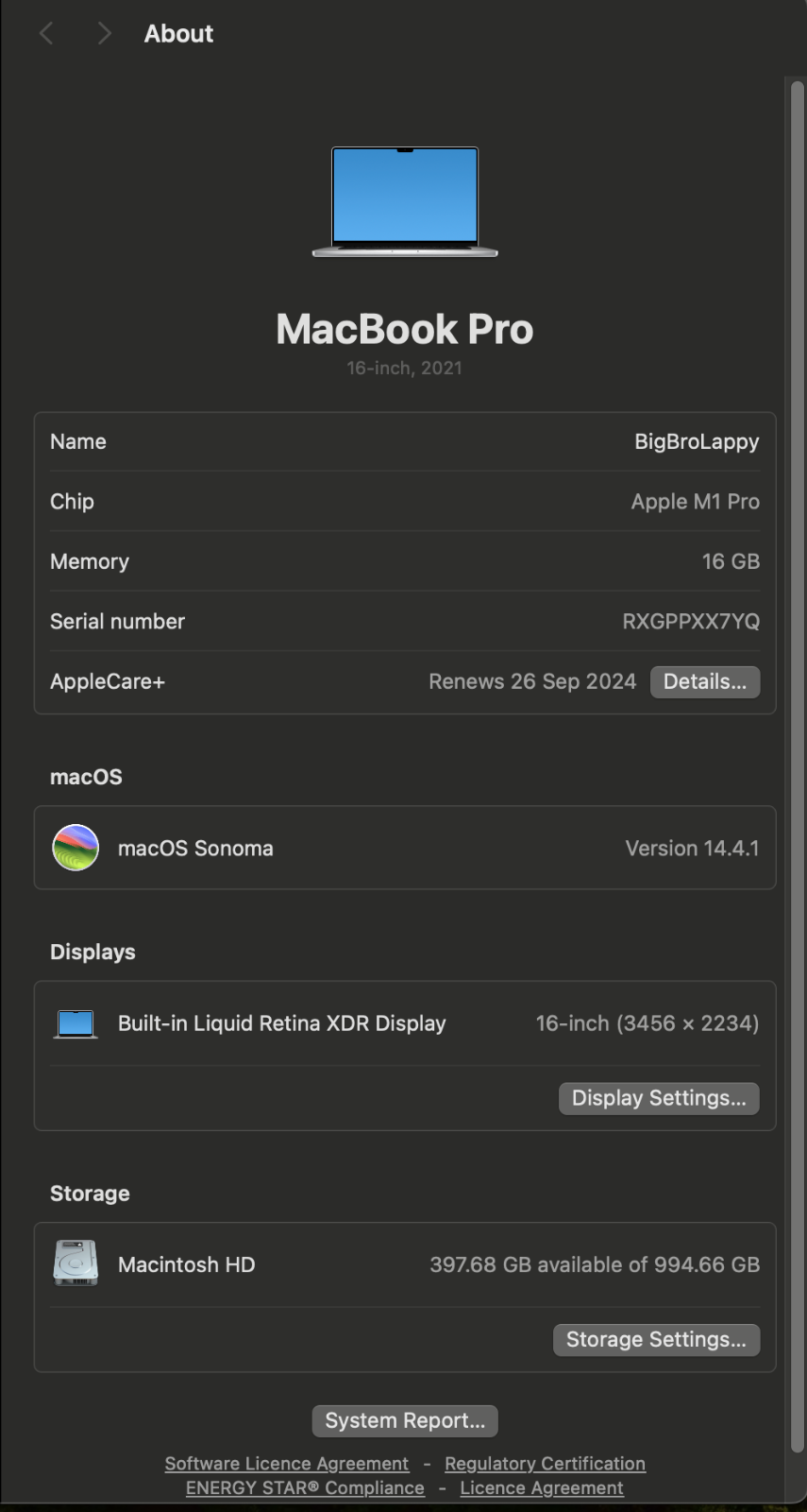 Apple MacBook Pro 16" (1TB SSD, M1 Pro, 16GB) Laptop Silver