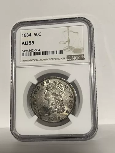 1834 US BUST HALF DOLLAR IN NGC AU55 ABOUT UNCIRCULATED CONDITION