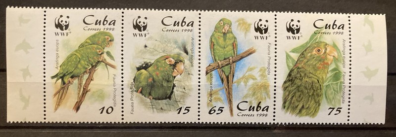 Caribbean Cu. Birds S.C.# 3964a,WWF  complete strip of 4 as issued in 1998  MNH