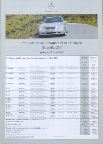 Mercedes E-Klasse Limousine W210 Preisliste price list von 4/2000 (02 B) (RB)