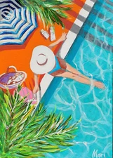 Modern Beach Resort Woman Painting Original for Pool House Decor 12x9 in