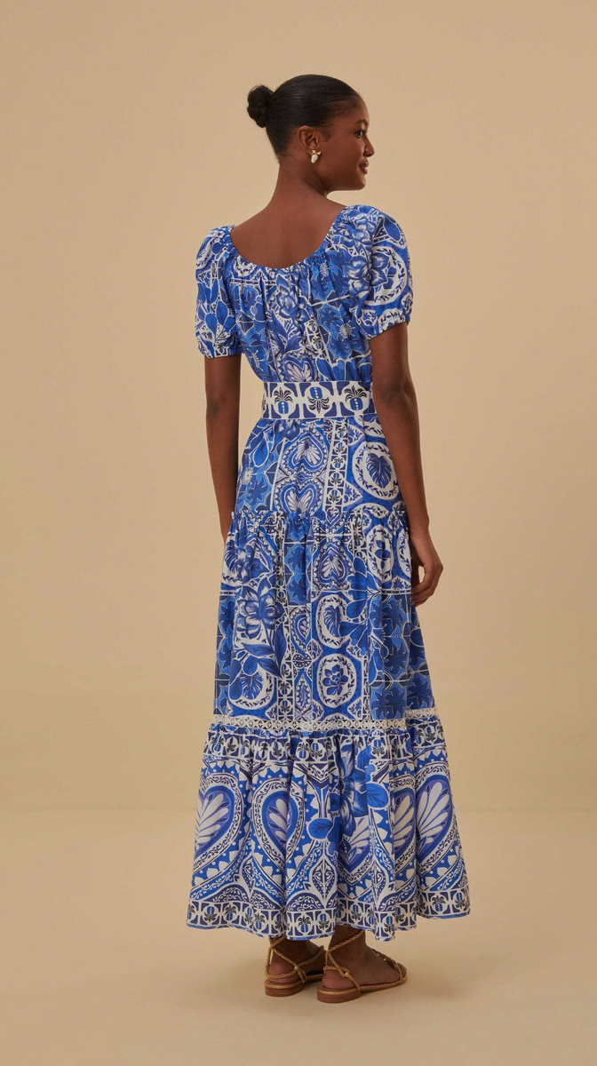 cobalt blue dress uk FARM Rio Blue Arabesque Scarf Lenzing Ecovero Viscose Midi Dress, Arabesque Scarf Blue / XXS main image 1
