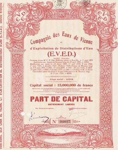 Compagnie des Eaux de Vienne EVED - SHARE OF CAPITAL - 1928 - BELGIUM