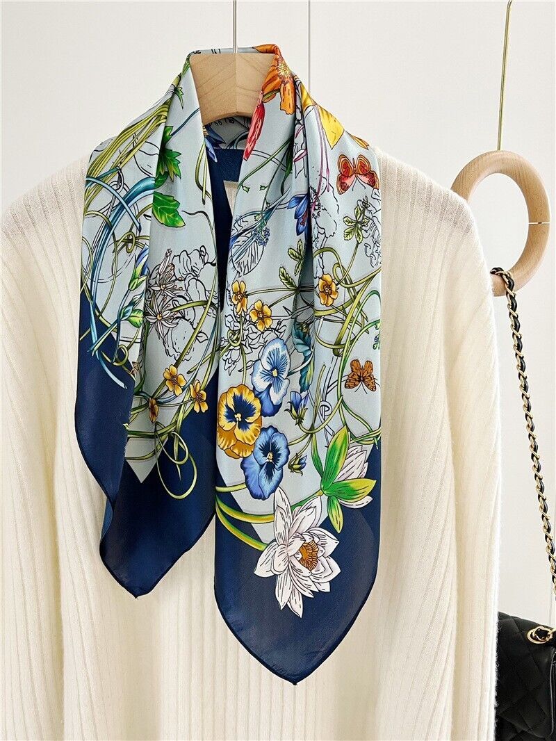 Navy Blue 100% Mulberry Silk Floral Print Scarf Shawl 26 Inches