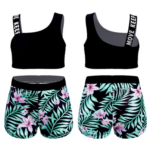 Kids Girls Athletic Tankini Outfit Crop Top+Bottom Dance Gymnastics Tracksuits - Picture 2 of 30