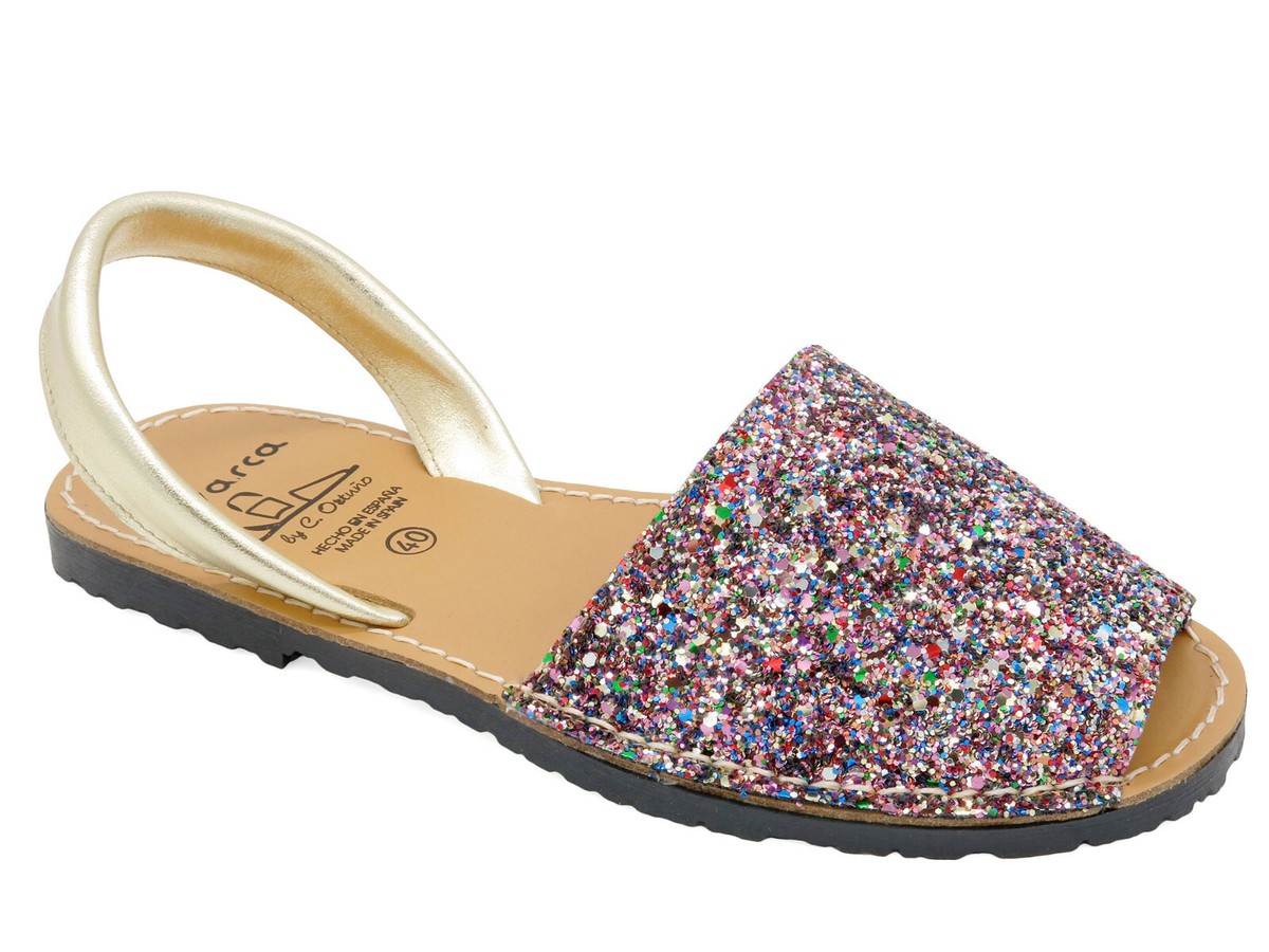 Women's Glitter Sandal Flat Avarca Menorquina Leather Strap