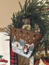Vintage Primitive Hand Painted Christmas Tin Hanging Bin