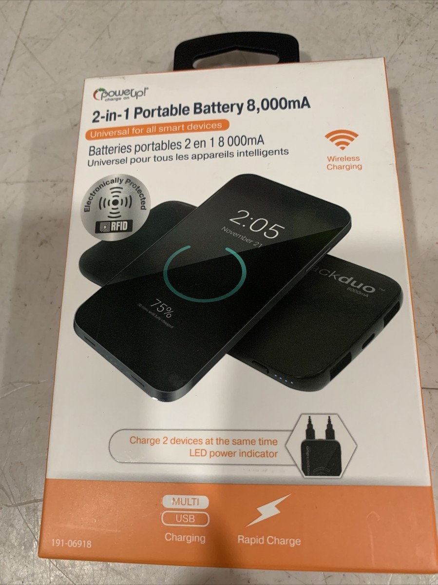 Power Up 2-in-1 Portable Battery 8000 mA Wireless Charger Black