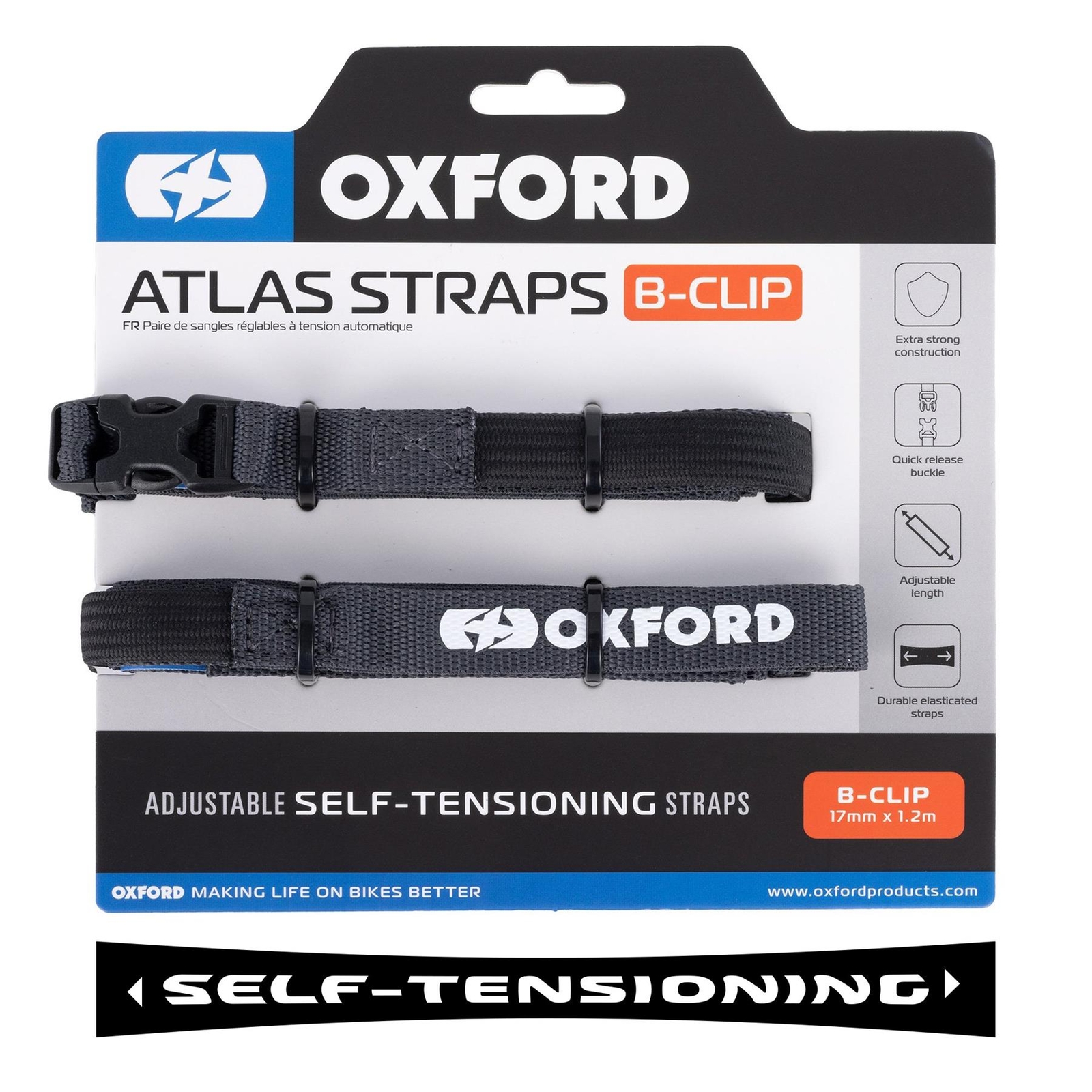Oxford Atlas Motorcycle Stretch Luggage Bike Straps B-Clip 17 mm x 1.2 M Asphalt