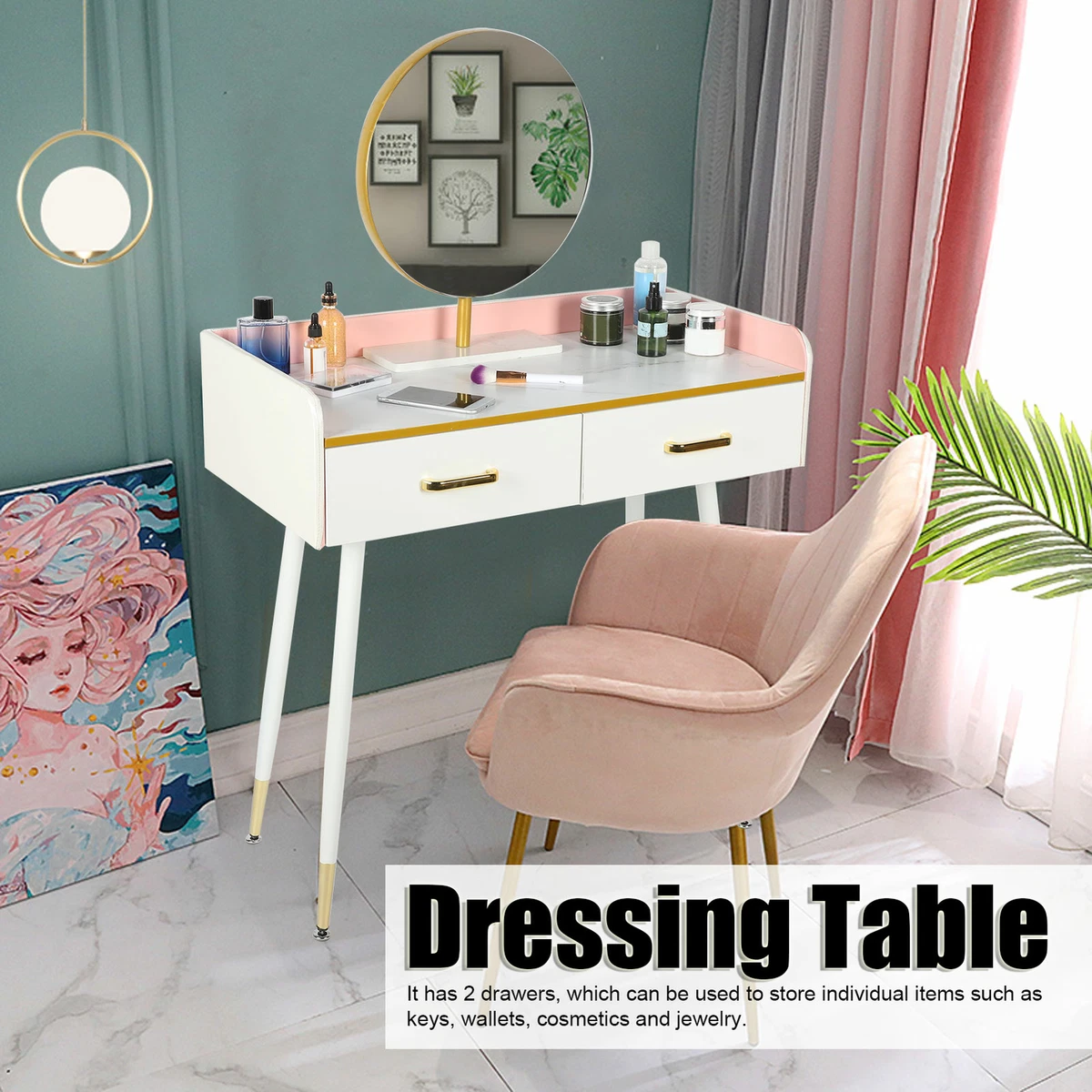 Wooden Makeup Dressing Table Vanity Desk w Mirror 2 Drawers Set