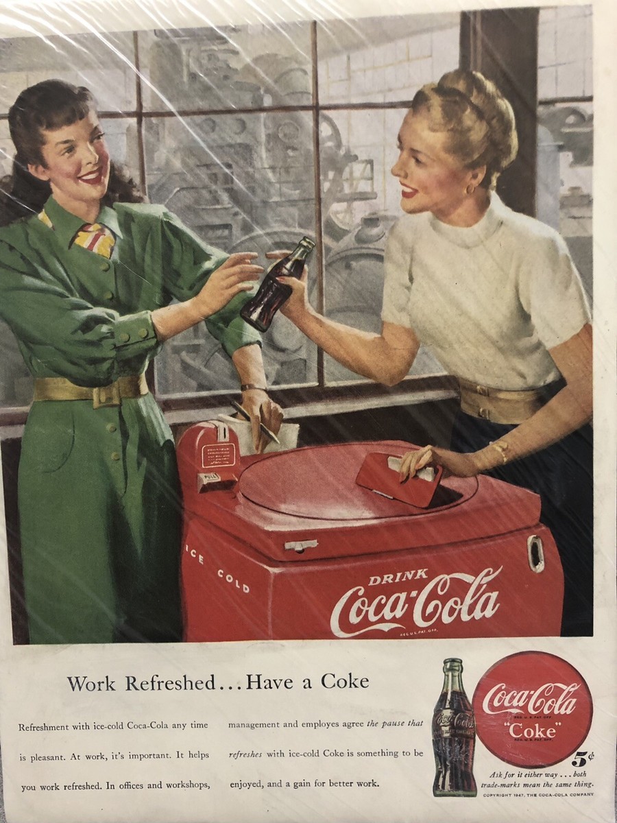 Vintage 1947 Coca Cola Work Refreshed 11”x14” Plastic Wrapped On