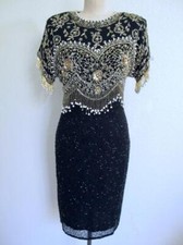 Vintage 80s 90s Destinee Beaded Sequin Silk Dress 10 S Fringe Black Gold Pearls