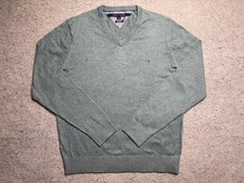 Tommy Hilfiger Sweater Mens Large Green Cotton Cashmere V Neck Flag Pullover