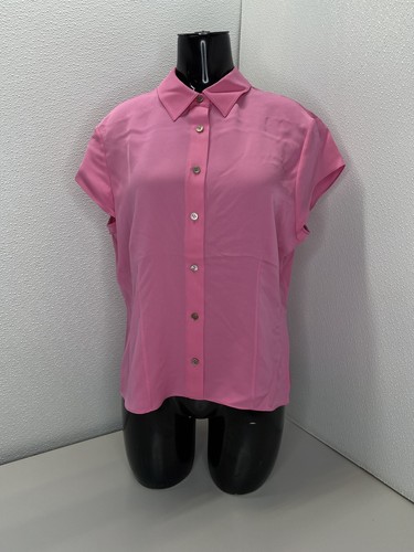 Theory Womens Shirt Bright Pink Size L Cap Short Sleeve Silk Georgette Button Up