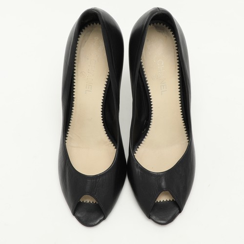Chanel Black Leather CC Embellished Peep Toe Pumps Size 36 - Picture 3 of 9