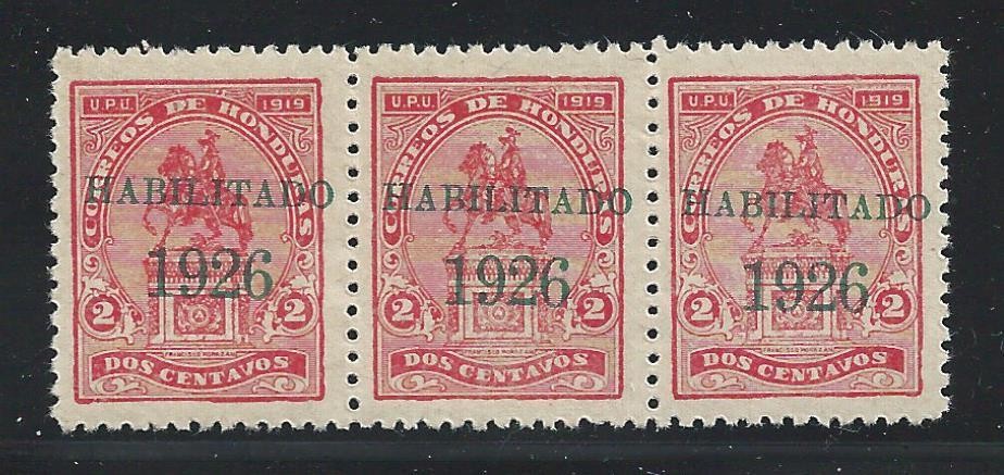 1926 HONDURAS, YT 187 MNH/** STRIP OF THREE OBLIQUE OVERPRINTS