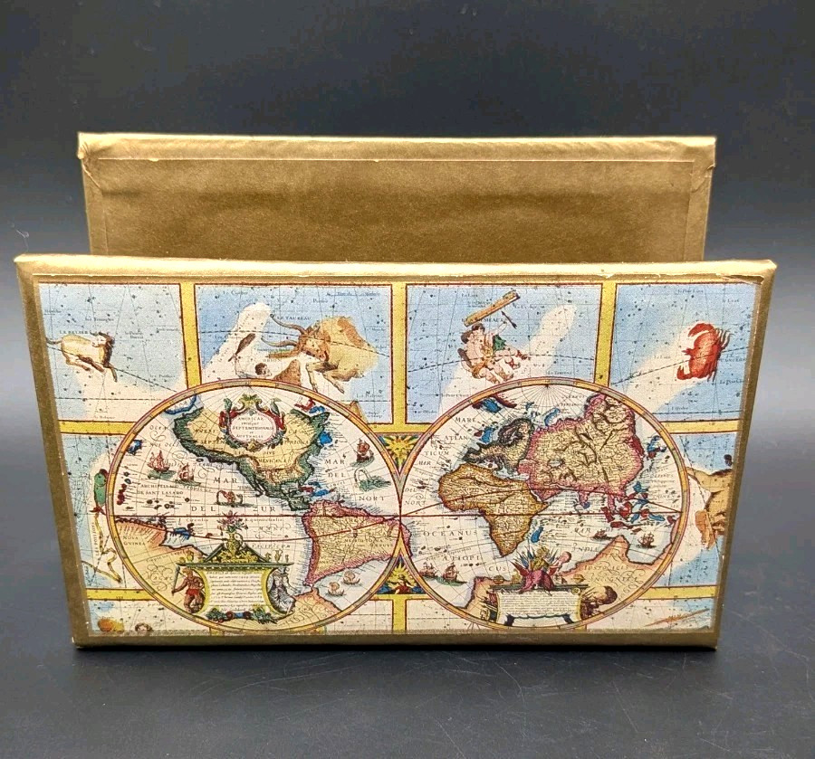 Hand-gilded Florentine papier-mâché map letter holder — old-world Italian craft meets functional desk art.